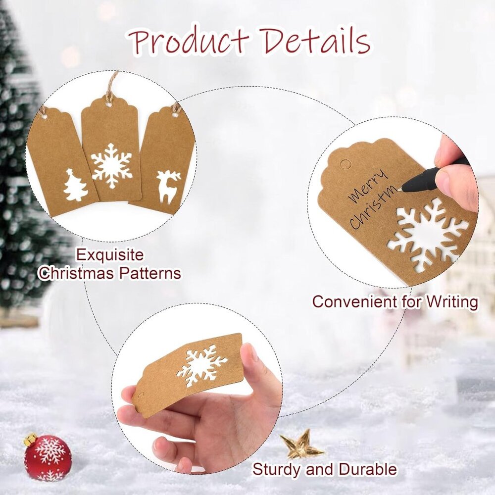 Versatile 150 Piece Kraft Christmas Gift Tags with Reindeer & Snowflake Designs - Picture 4 of 7